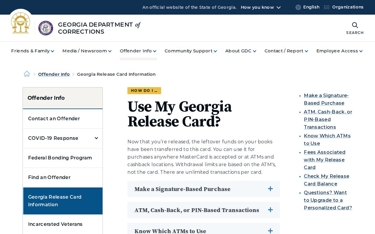 Georgia Department of Corrections release card information